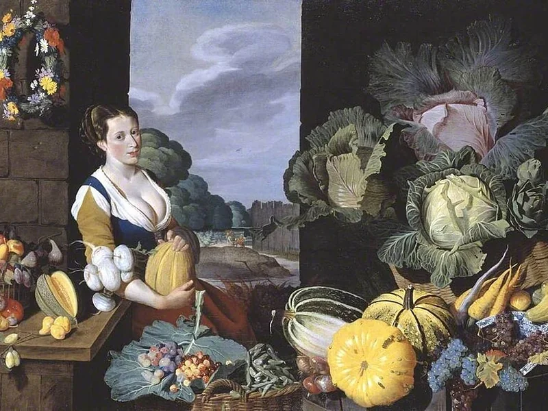 1585-Nathaniel Bacon - Cuoca con natura morta di frutta e verdura